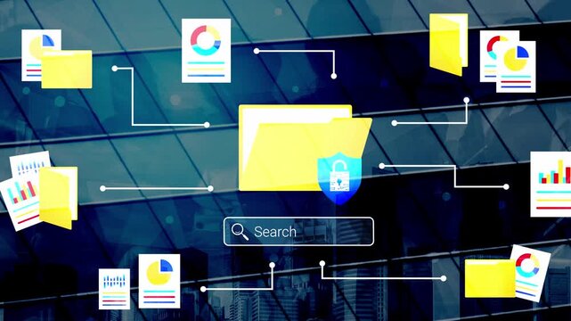 Colorful Digital Illustration of Document Organization, Search Function, and Data Security with Graphs and Charts Overlaid on a Modern Building Background Gluon.
