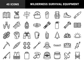 Naklejka premium Outdoor adventure and wilderness survival equipment in a technical monoline style. Minimalist black and white pictograms for camping, hiking, and water sports.