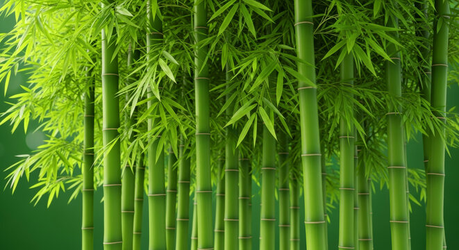 Lush Green Bamboo Forest with Tall Stalks and Fresh Leaves against Green Background