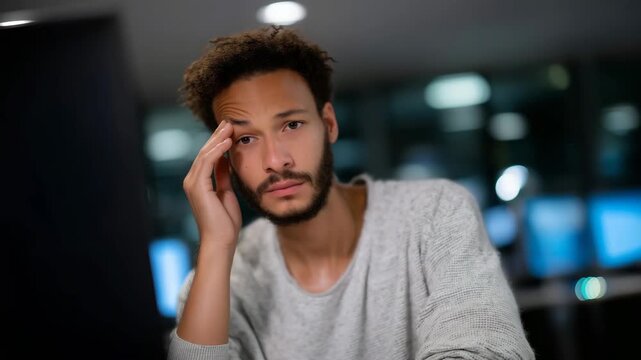 Stressed IT specialist sitting at a workstation in a server room office holding a paper sign that reads I QUIT, frustrated programmer rubbing his eyes while sitting at a desk with  4K