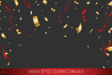 Naklejka premium Realistic golden confetti with red ribbons isolated on transparent background. Vector illustration for holiday decorations, promotions and graphic projects