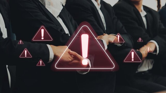 A corporate meeting scene showing participants in suits, highlighting caution through warning symbols. This visual emphasizes alertness and seriousness in a professional environment. Raster
