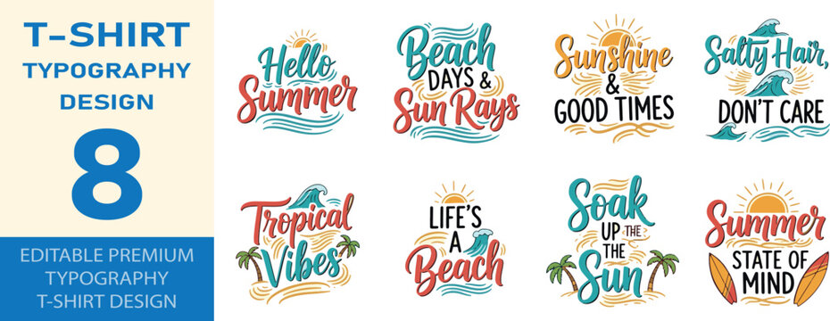 Summer typography set with beach quotes for t shirt and apparel prints