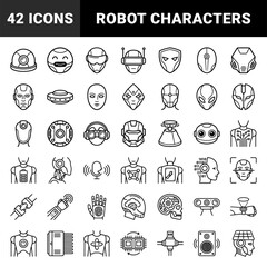Fototapeta premium Artificial intelligence and robotic engineering elements for technical documentation. Precise monoline pictograms featuring android heads and cybernetic components.