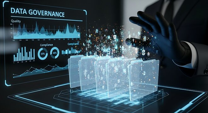 Data governance concept. A professional organizes holographic data into folders protected by shields, illustrating compliance, quality control, and data management policies.
