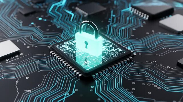 A computer chip with a glowing blue padlock on top, on a circuit board