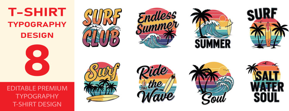 Vintage surfing badge collection with palm trees and ocean wave crest