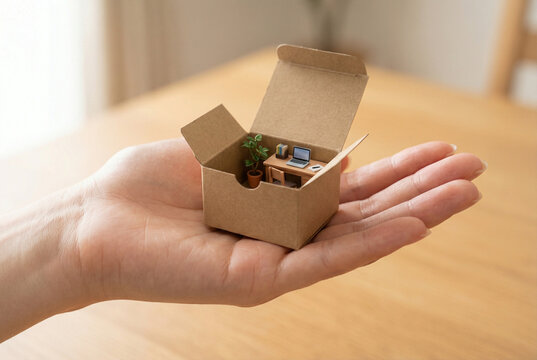 Hand holding small cardboard box with miniature home office inside, remote work and creative workspace concept