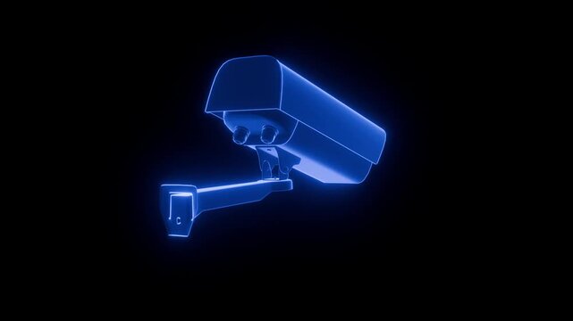 futuristic hologram security camera wireframe rotating in digital space 3D render