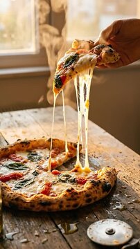 Hand lifting slice of pizza with melted cheese stretching down