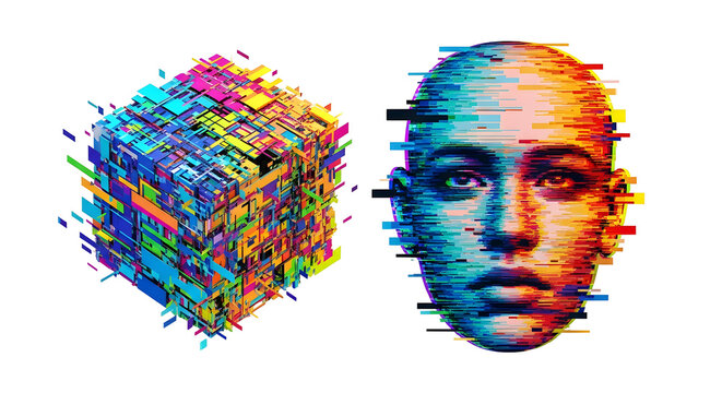 Abstract Digital Glitch Art Portrait of a Human Face and Geometric Cube on Black Background Representing Technology and Virtual Reality