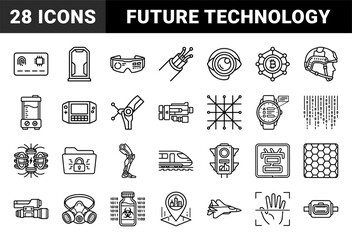 Fototapeta premium Futuristic technology and cybernetic enhancement elements for digital interfaces. Technical monoline pictograms featuring biotechnology and advanced infrastructure concepts.