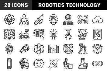 Fototapeta premium Robotics and artificial intelligence automation elements for future technology interfaces. Technical monoline pictograms featuring bionic engineering and machine learning concepts.