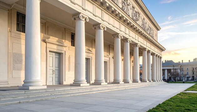 Exterior of a grand colonnaded building at dawn
