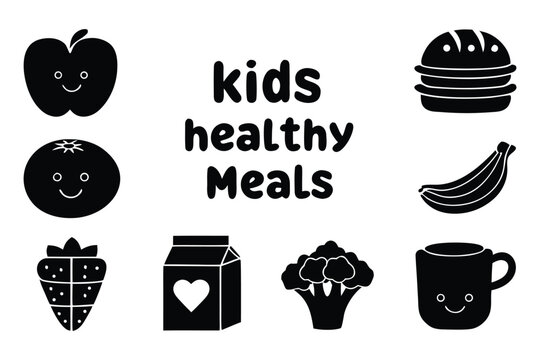 Black and white of kids healthy meals with smiling faces on fruits milk and vegetables