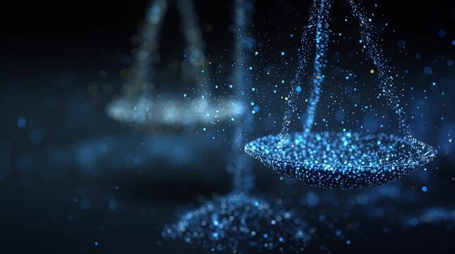 Abstract glowing scale balancing digital particles on both sides, dark background with subtle reflections, symbolizing enterprise risk management, balance, and data-driven decision making.
