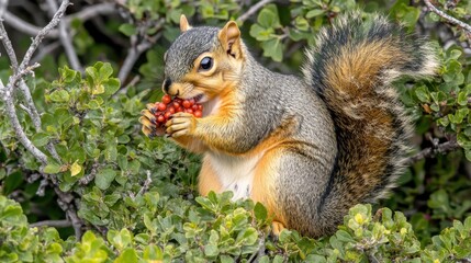 Naklejka premium Squirrel Eats Red Berries on a Bush