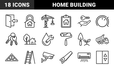 Fototapeta premium Residential construction and real estate development line art pictograms. Monoline technical elements for home building and property management.