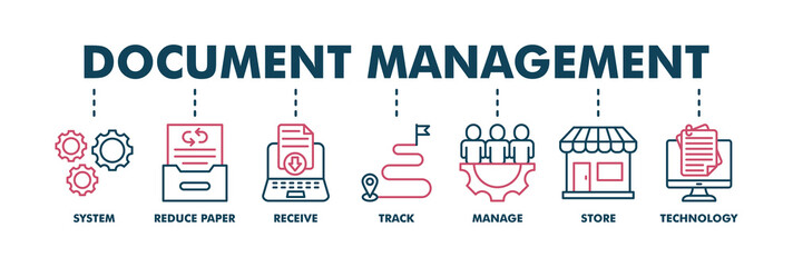Fototapeta premium Document management banner web color vector illustration concept with icon of system, reduce paper, receive, track, manage, store, cloud and technolog