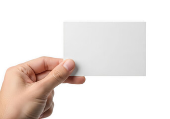 Obraz premium A hand holding a blank white paper card for business advertisement isolated on transparent background