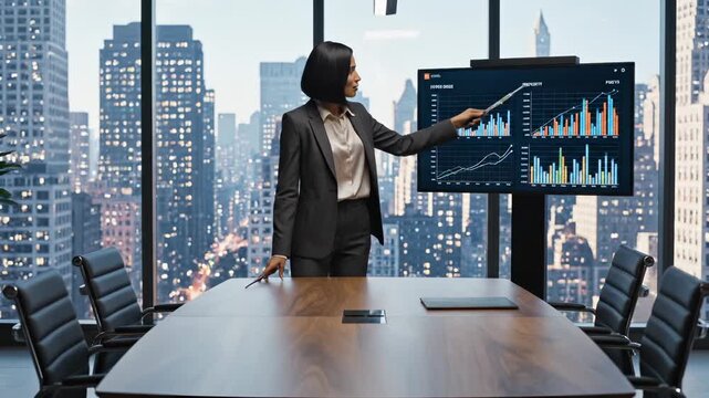 Businesswoman presents chart data in office boardroom. Woman shows analytics on screen display. Executive presents chart to meeting. Businesswoman with data graphs in office. City skyline view.