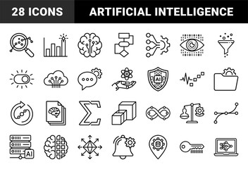 Fototapeta premium Artificial intelligence and machine learning workflow elements. Technical monoline pictograms for neural networks, data processing, and automation.