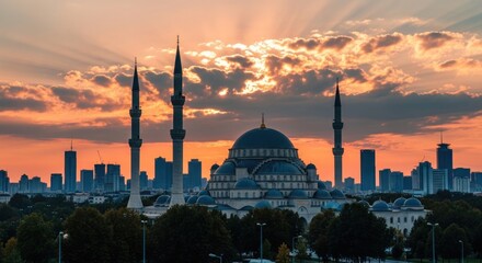 Obraz premium A mosque with minarets and a dome in a city at sunset