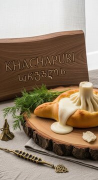 Traditional Georgian Khachapuri Cheese Bread with Molten Sulguni on Raw Wood with Mkhedruli Walnut Plaque