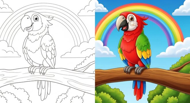 Vibrant Macaw Parrot Perched on a Branch Under a Rainbow.