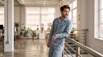 Fototapeta premium Smiling young man in blue jumpsuit leaning on railing in modern bright office. Happy creative professional or entrepreneur in stylish loft workspace. Relaxed startup environment