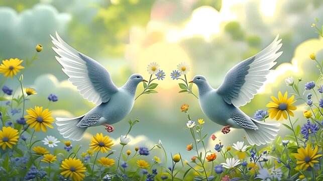 Two flying dove birds holding flower branch conveys serene peace over sunny meadow where nature blossoms uniting living things reflecting harmonious beauty and joyful freedom in radiant sky