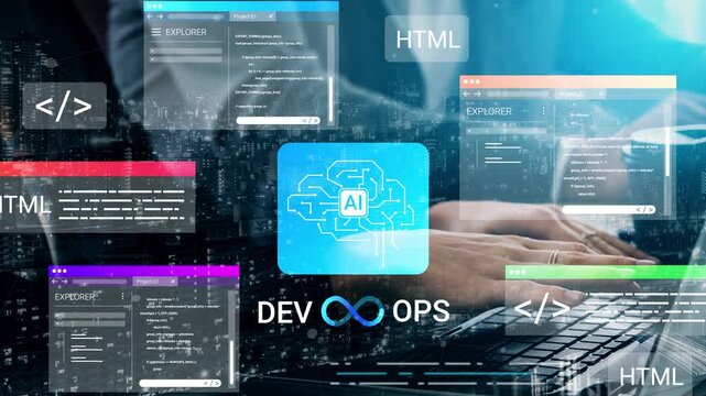 Modern digital development and operations concept showcasing artificial intelligence with code snippets in a futuristic tech workspace Gluon.