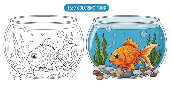 Coloring Page of a Goldfish in a Bowl with a Colored Version.