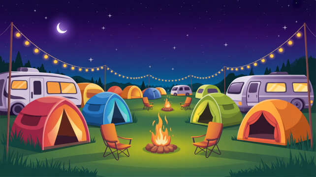 Colorful campsite at night with tents campers and a campfire under starry sky and string lights
