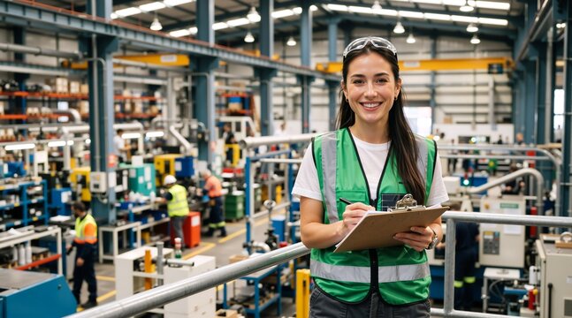 Smiling female factory worker holding a clipboard in a manufacturing plant. Young woman in green safety vest and glasses working as an industrial supervisor or quality inspector