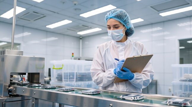 Female quality control inspector working on a food production line. Woman in sterile protective gear and face mask checking packaged products on a factory conveyor belt