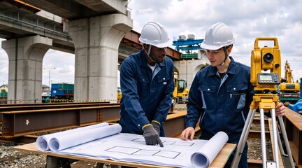 Fototapeta premium Civil engineers reviewing blueprints at a construction site. Diverse male workers with surveying equipment and total station. Infrastructure development and project planning concept