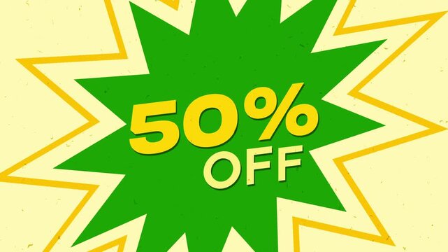 Animated 50% Off Discount Sign with Retro Starburst