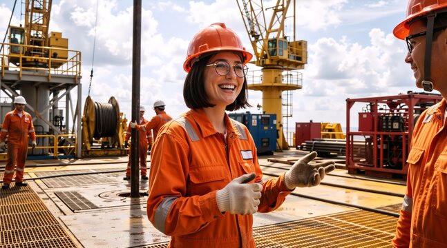Smiling female engineer in orange coverall and hard hat talking to a colleague. Industrial workers on an outdoor construction site or oil rig. Teamwork and safety concept