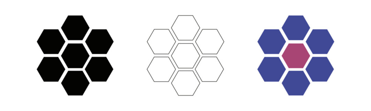 Geometric Hexagon Honeycomb Icon Set with Purple and Pink Gradient Style, Abstract Network Structure and Symmetric Hive Pattern for Modern Tech Logo