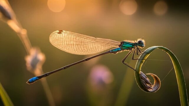A serene damselfly perches on a curled blade of grass in a lush green field