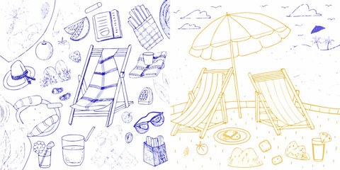 A colorful sketched flat lay of summertime beach essentials and accessories