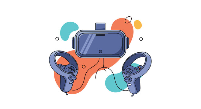 Modern virtual reality headset is shown with two hand controllers and abstract colorful shapes for gaming and technology themes.