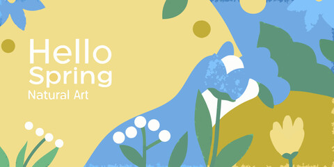 A bright cheerful illustration welcoming the arrival of spring with floral motifs