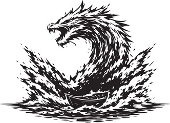 Obraz premium Dramatic Ink Style Sea Dragon Serpent Emerging from Ocean Waves Illustration