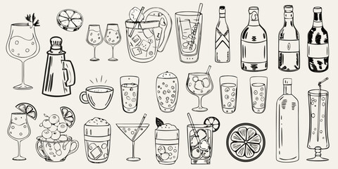 Variety of hand drawn cocktail glasses bottles and fruit illustrations