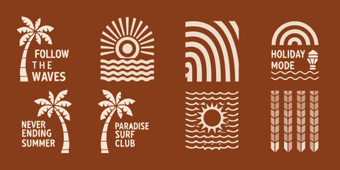 Minimalist beach themed design with sun waves and palm trees © Ramanath