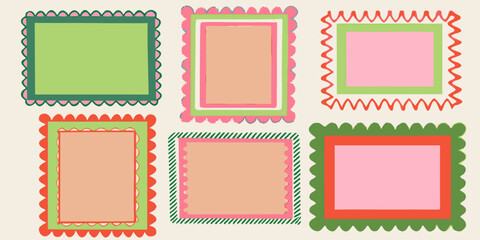 Six colorful rectangular frames with decorative scalloped edges arranged on a beige background