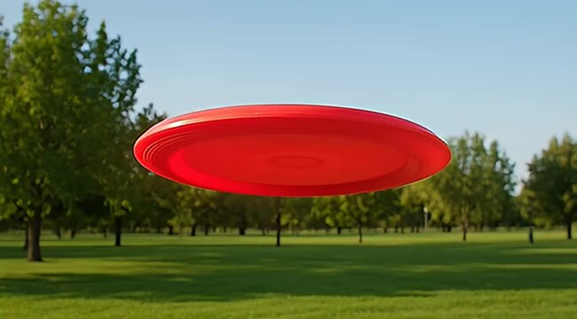 Bright red frisbee floating in the air in a grassy park setting