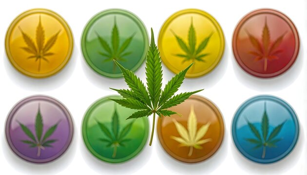 Glossy icons display cannabis leaves in various colors with a real leaf superimposed in front